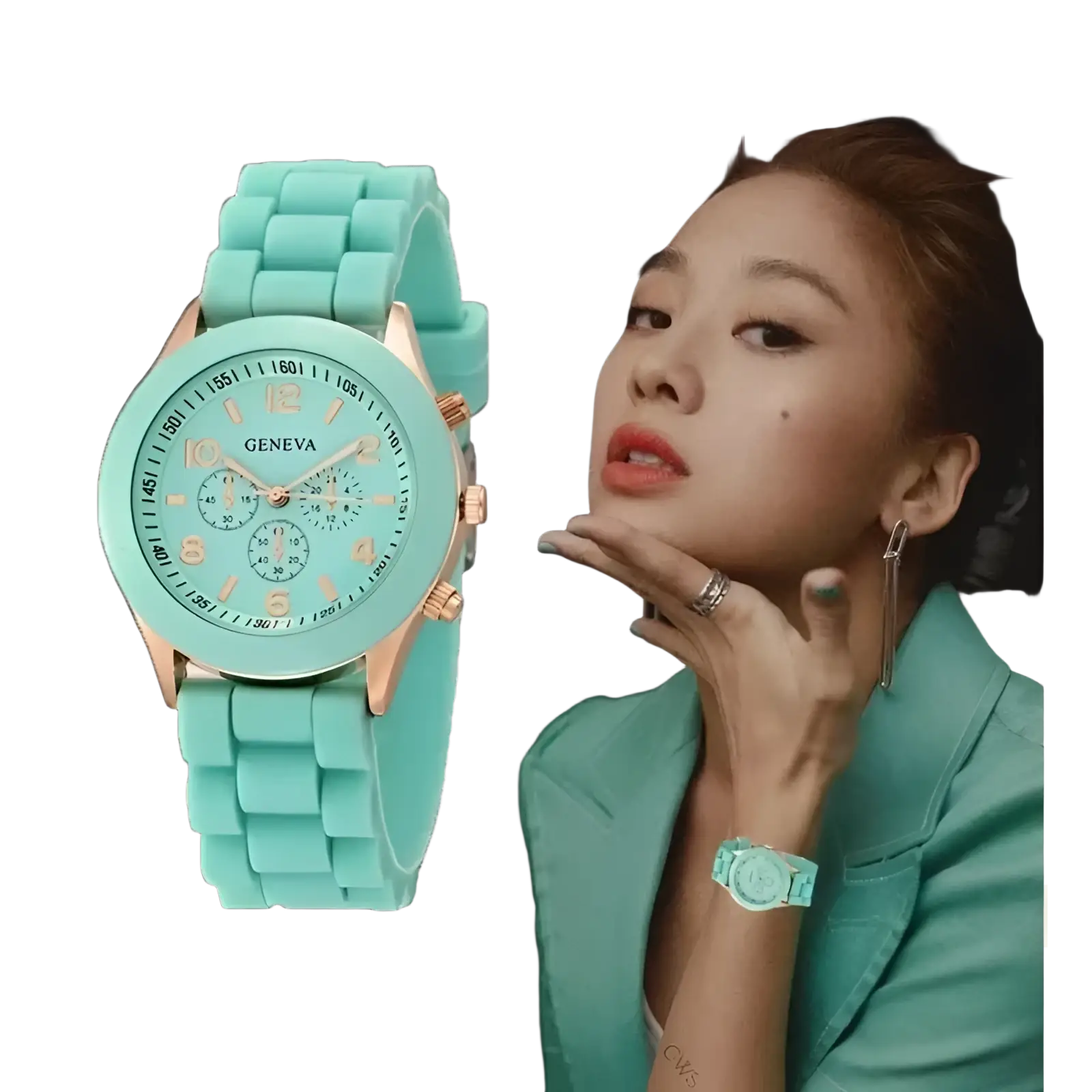 Mint green silicone strap luxury chronograph women watch with rose gold tone case and bezel quartz movement