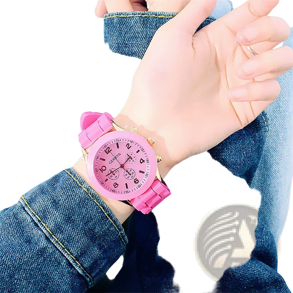 Pink silicone strap quartz women watch with gold-tone case and pink dial featuring luxury chronograph subdials