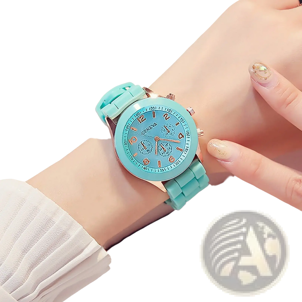 A turquoise silicone strap quartz women watch luxury chronograph with rose gold-tone case and cineva dial