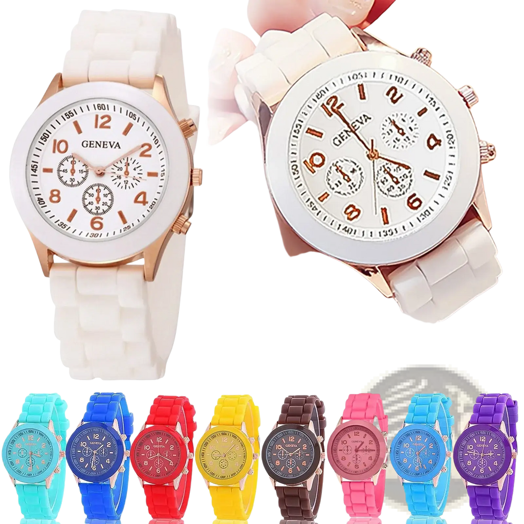 White silicone strap quartz women watch with rose gold tone case dial multiple subdials and bold numerals luxury chronograph