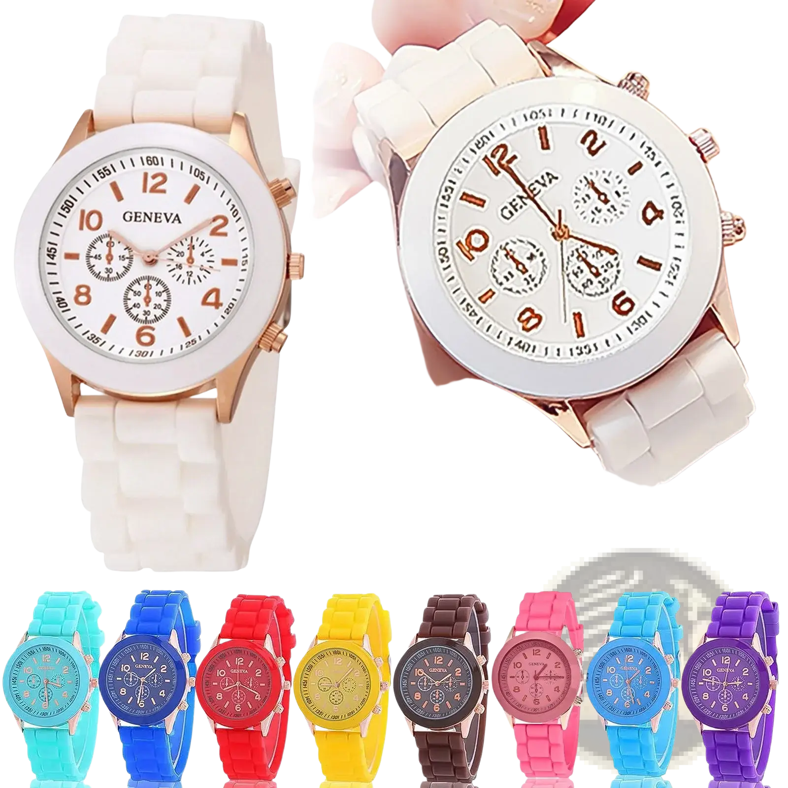 White silicone strap quartz women watch with rose gold tone case dial multiple subdials and bold numerals luxury chronograph