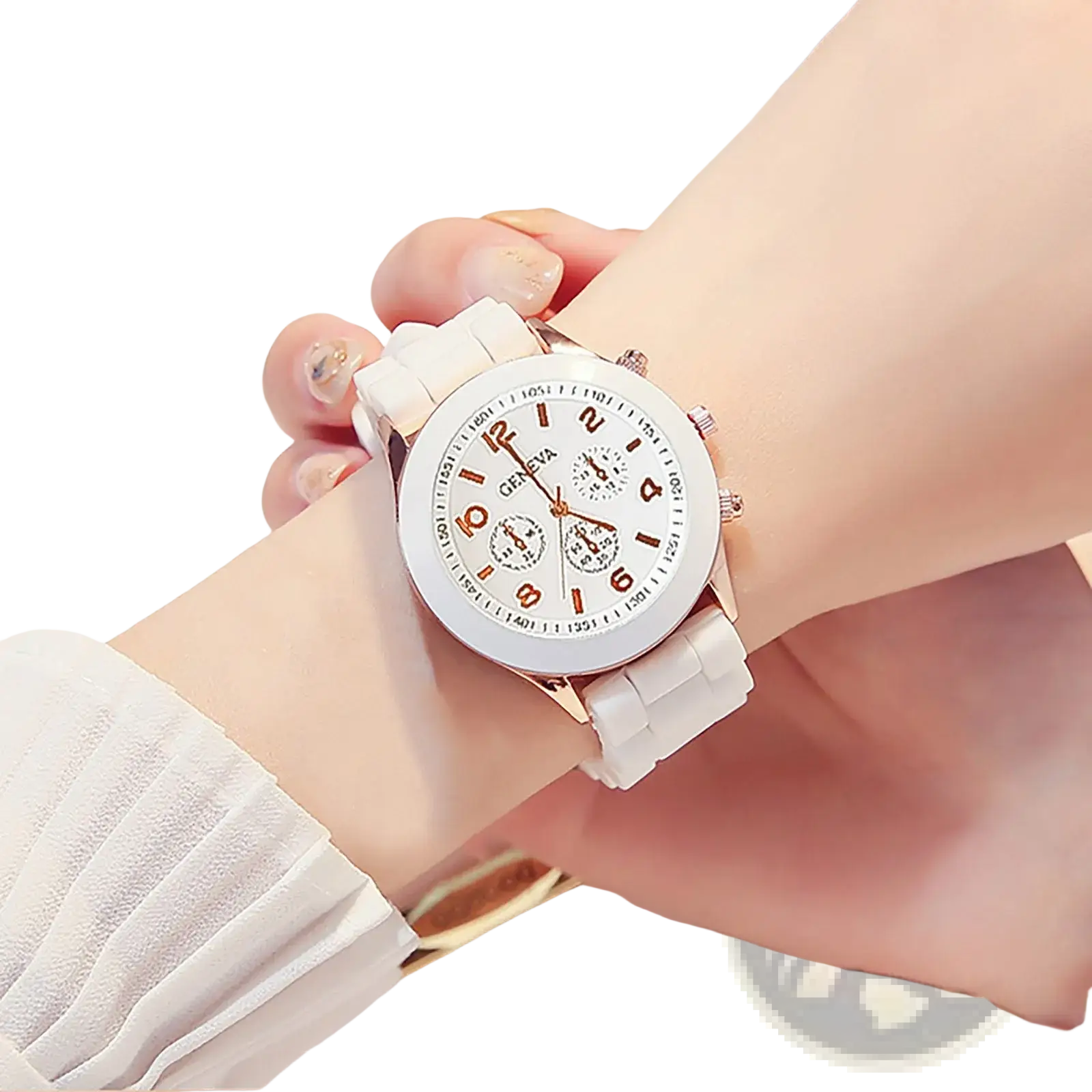 White ceramic silicone strap quartz women watch with rose gold accents and luxury chronograph dial design