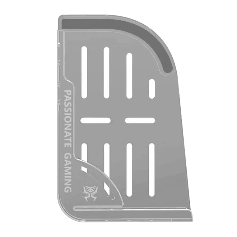 Gray translucent acrylic laptop stand with vertical and horizontal cutouts displaying passionate gaming text for pubg grips
