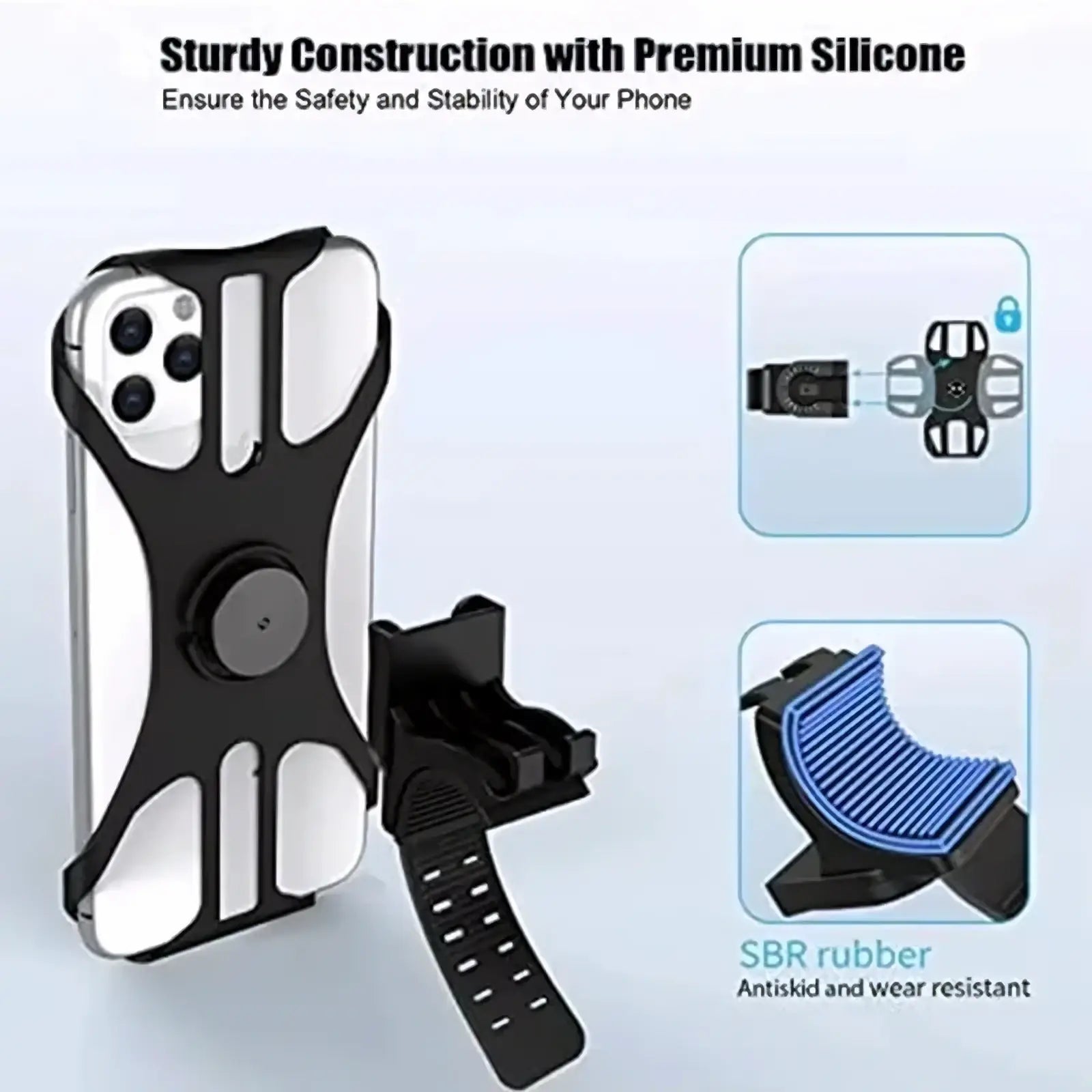 Black silicone universal bike phone holder with adjustable strap and sbr rubber grip shown from back side