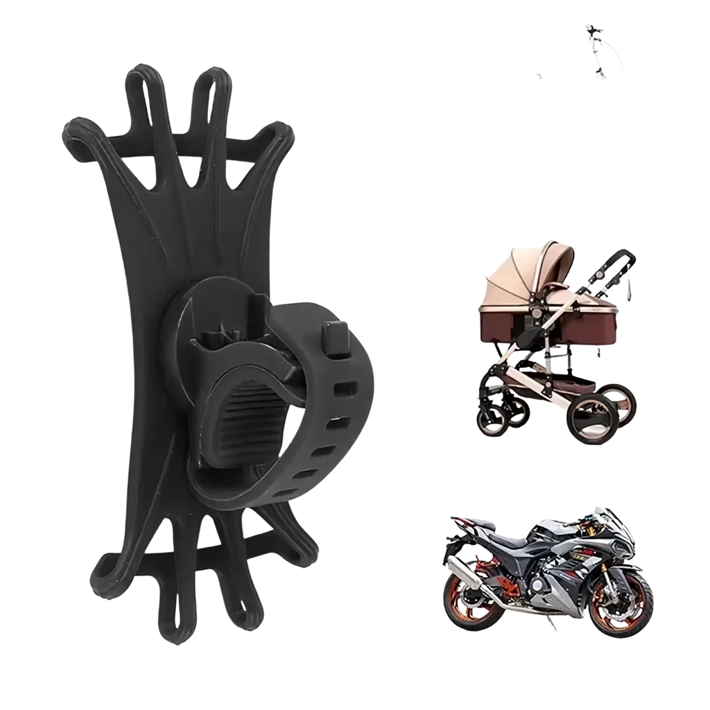 Black plastic silicone universal bike phone holder with adjustable clamping mechanism for secure mounting