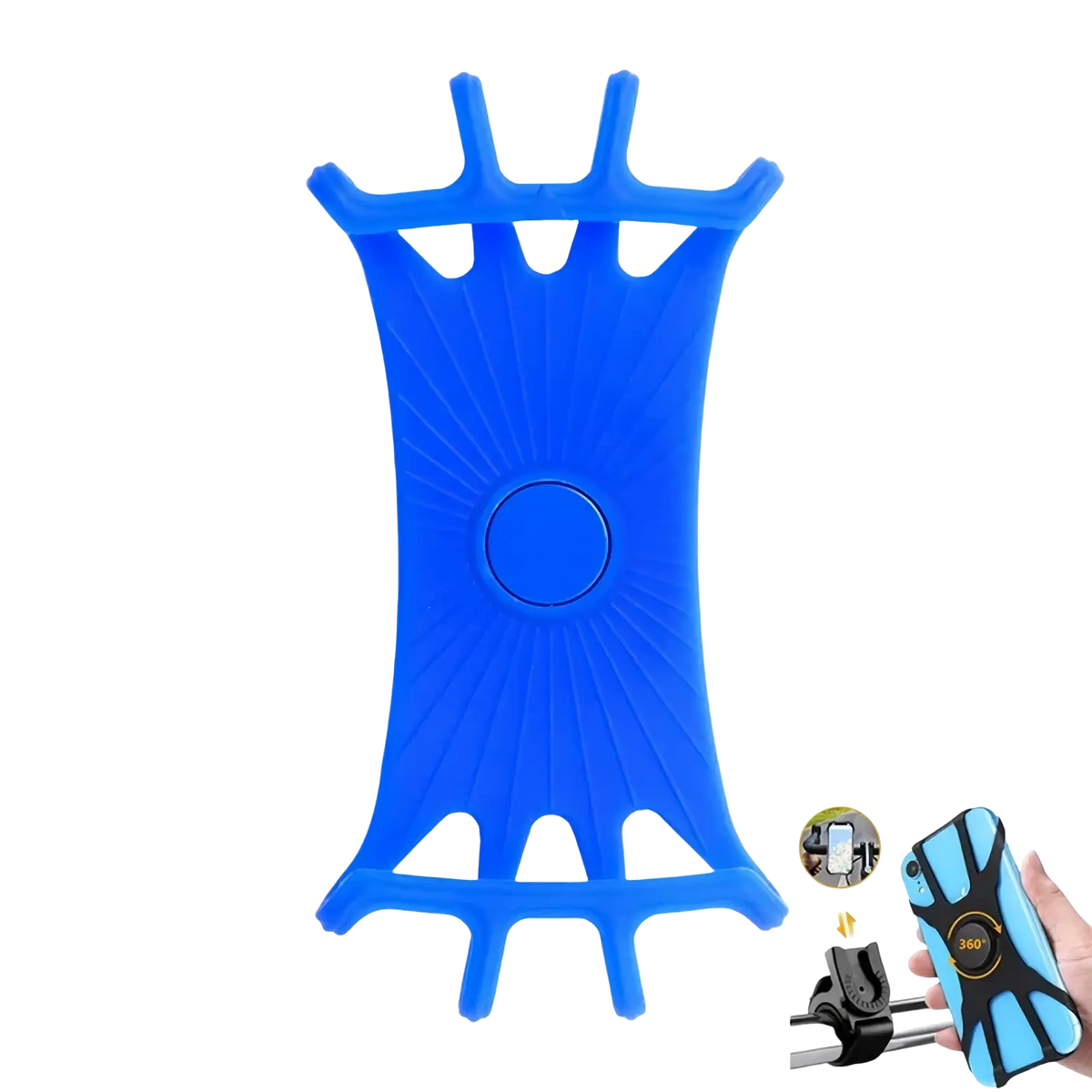Blue silicone universal bike phone holder with flexible spider-like design and central circular grip for secure mounting