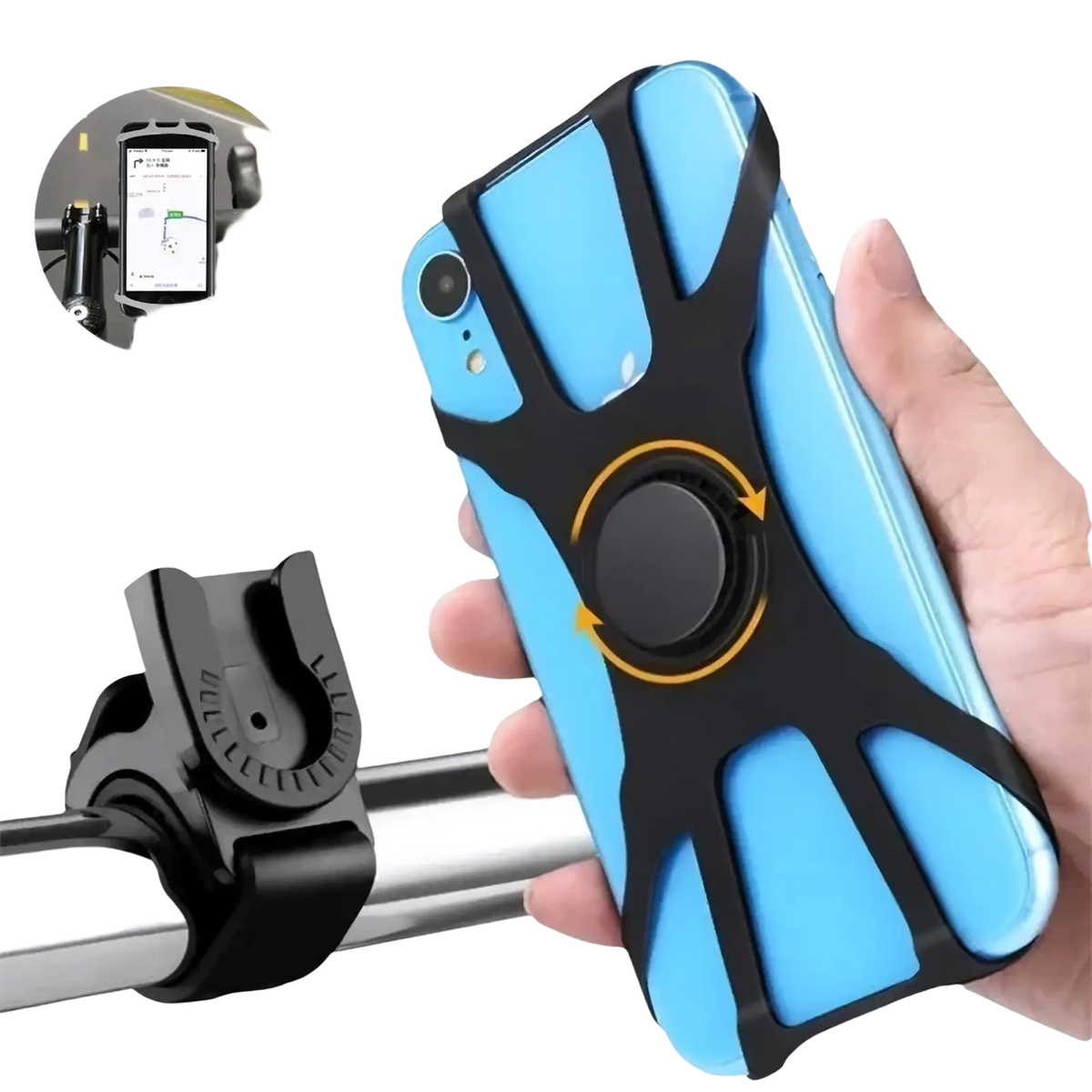 Blue and black silicone universal bike phone holder with a rotating ring design for secure bicycle mounting