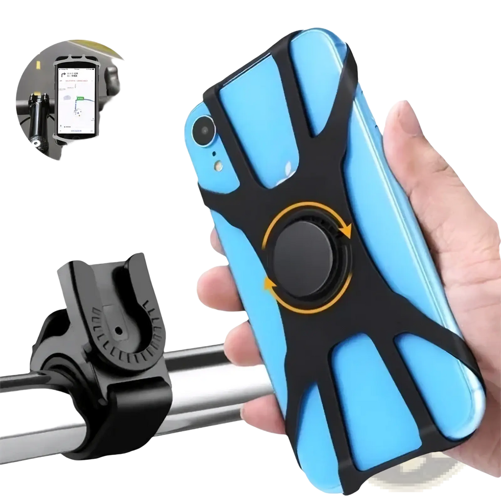 Blue and black silicone universal bike phone holder with a rotating ring design for secure bicycle mounting