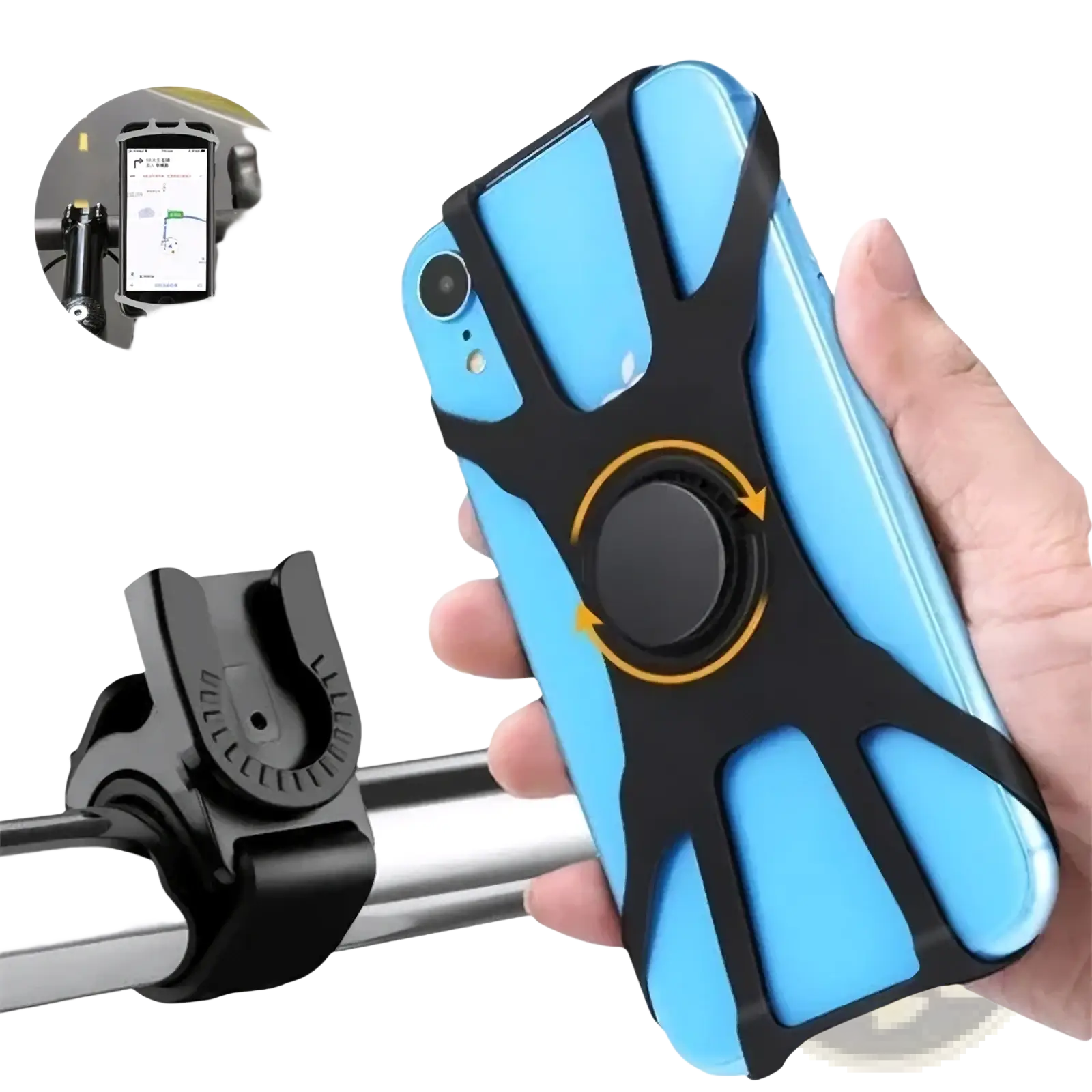 Blue and black silicone universal bike phone holder with a rotating ring design for secure bicycle mounting