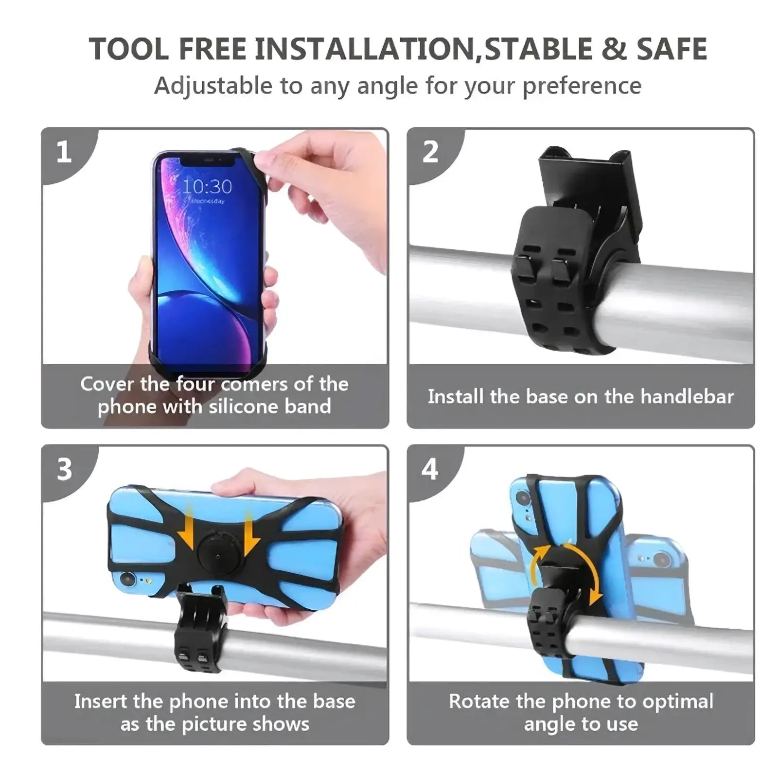 Blue and black silicone universal bike phone holder with adjustable silicone bands for a secure motorcycle grip