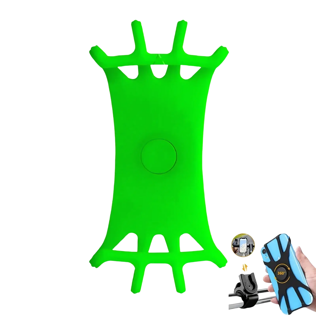 Bright green silicone universal bike phone holder with flexible stretchy design and multiple secure grip cutouts