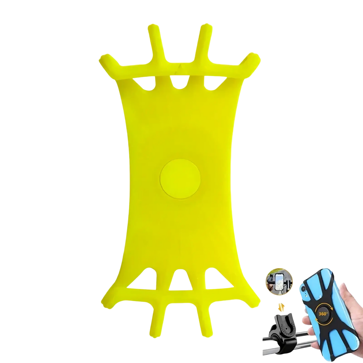 Bright yellow silicone universal bike phone holder with flexible cradle design and central circular grip for secure mounting