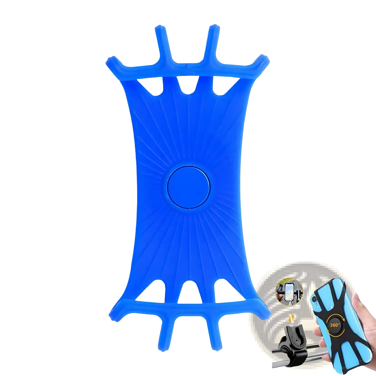 Blue silicone universal bike phone holder with flexible spider-like design and central circular grip for secure mounting
