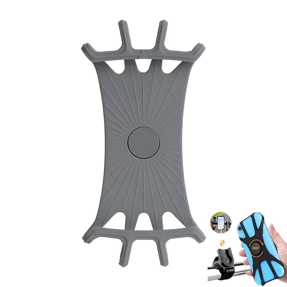 Gray silicone universal bike phone holder with sunburst pattern and adjustable clamping arms for secure grip