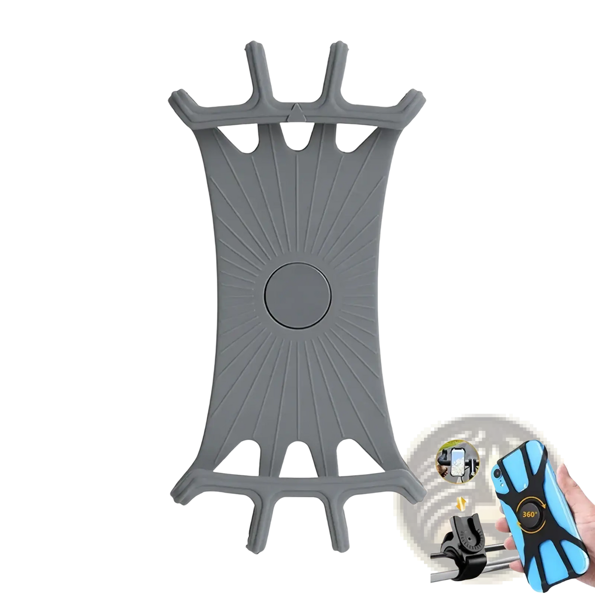 Gray silicone universal bike phone holder with sunburst pattern and adjustable clamping arms for secure grip