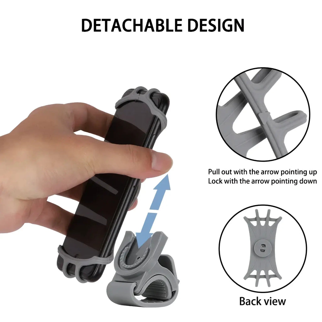 Gray silicone universal bike phone holder with detachable design and adjustable clamping mechanism