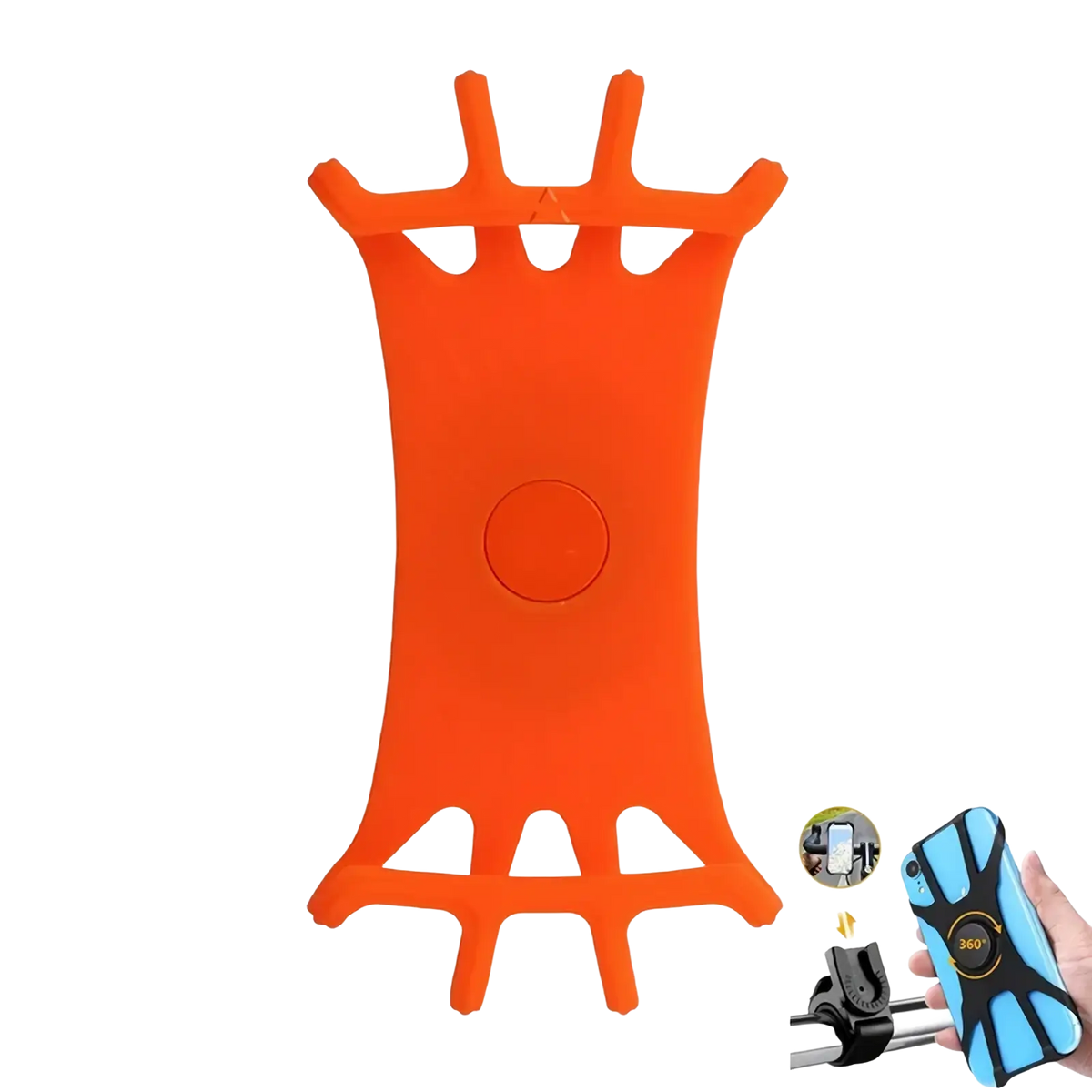 Orange silicone universal bike phone holder with flexible stretchy design and multiple cutouts for secure grip