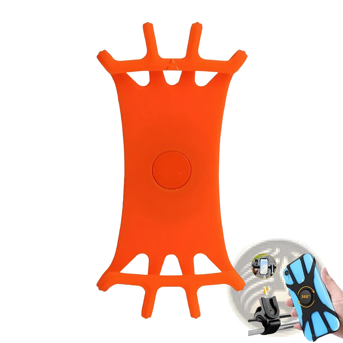 Orange silicone universal bike phone holder with flexible stretchy design and multiple cutouts for secure grip