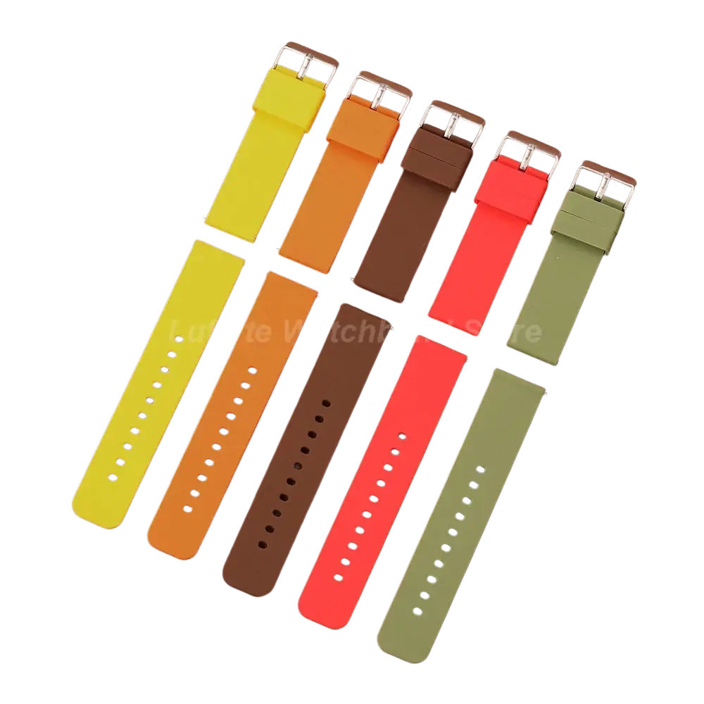 Set of five vibrant yellow orange brown red and olive green silicone watch bands with silver buckles for men women fashhion casual