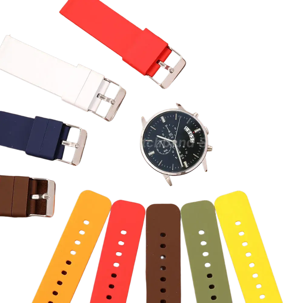 A sleek silver chronograph watch with a black dial and colorful fashhion casual silicone watch bands for men women