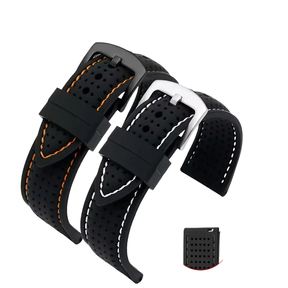 Black breathable silicone watch strap with perforated texture and silver buckle available in 20mm 22mm 24mm quick release