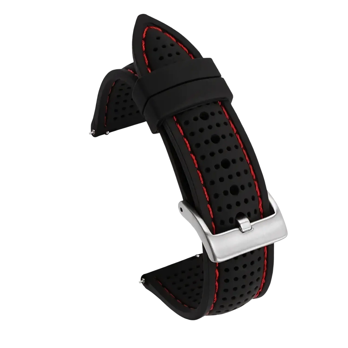 Black perforated silicone watch strap with red stitching and silver buckle available in 20mm 22mm 24mm quick release