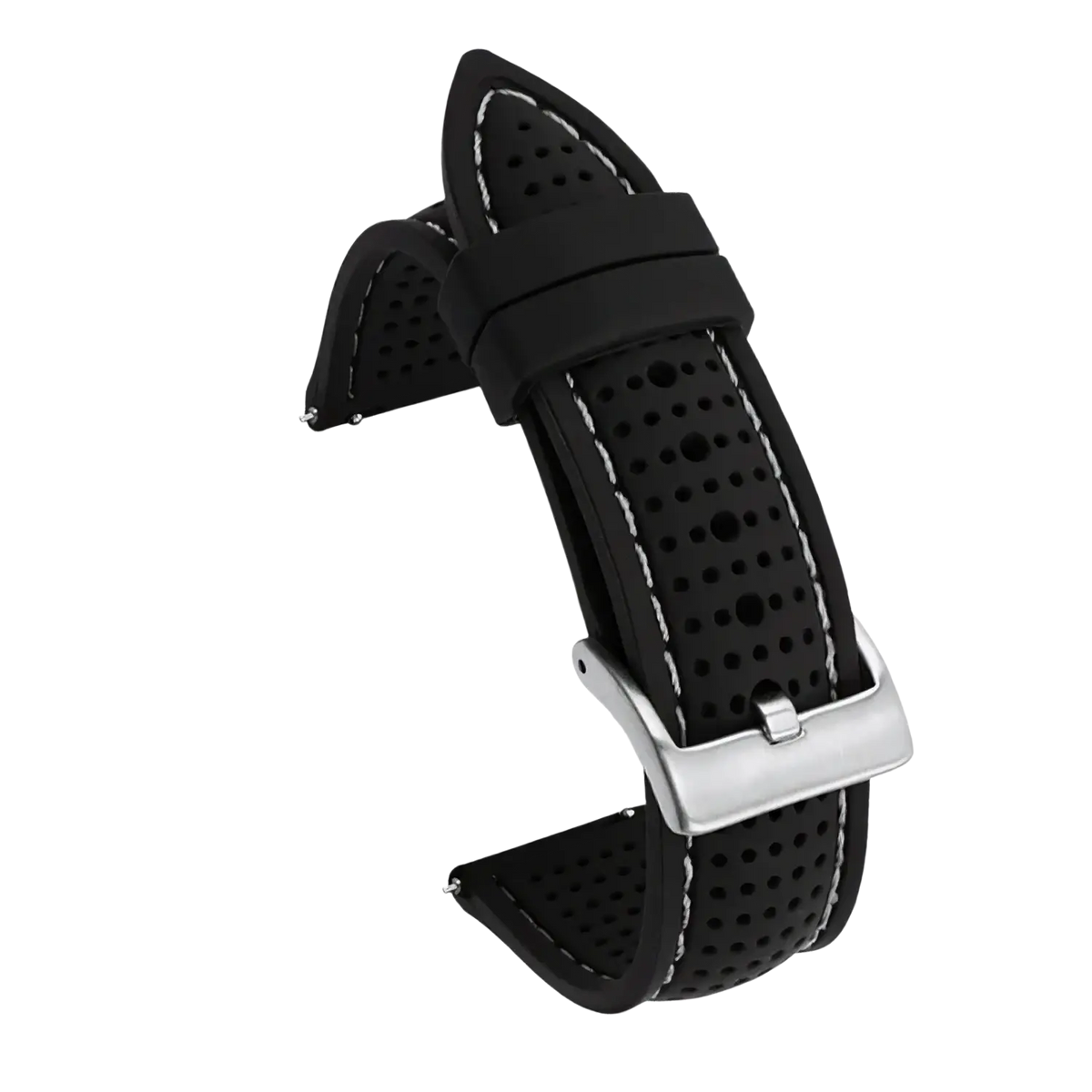 Black perforated silicone watch strap with white stitching and silver buckle available in 20mm 22mm 24mm sizes