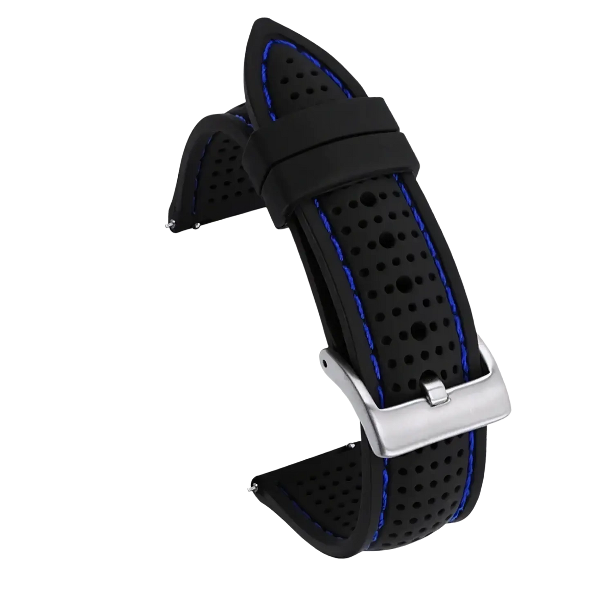 Black perforated silicone watch strap with blue stitching and silver buckle available in 20mm 22mm 24mm quick release