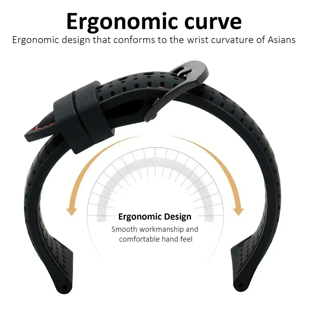 Black perforated silicone watch strap with ergonomic curve design for 20mm 22mm 24mm quick release watches