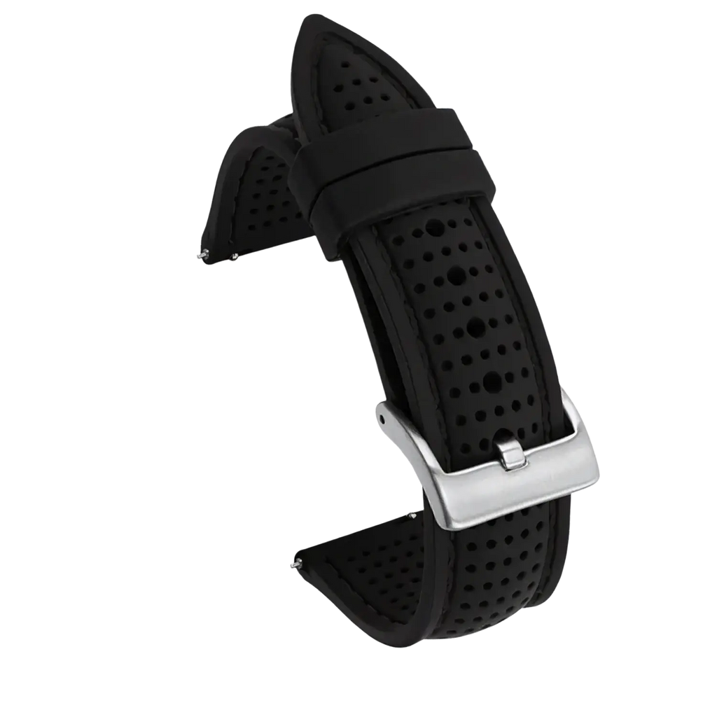 Black perforated silicone watch strap with silver-toned buckle quick release available in 20mm 22mm 24mm sizes