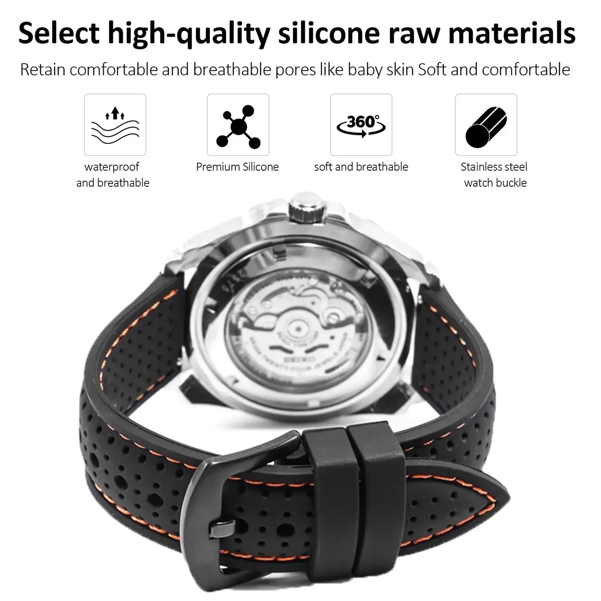 Black perforated silicone watch strap with orange stitching and stainless steel buckle for 20mm 22mm 24mm quick release