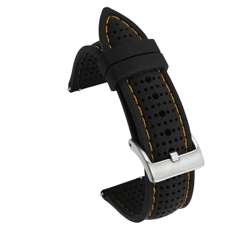 Black perforated silicone watch strap with yellow stitching and silver buckle for 20mm 22mm 24mm quick release use