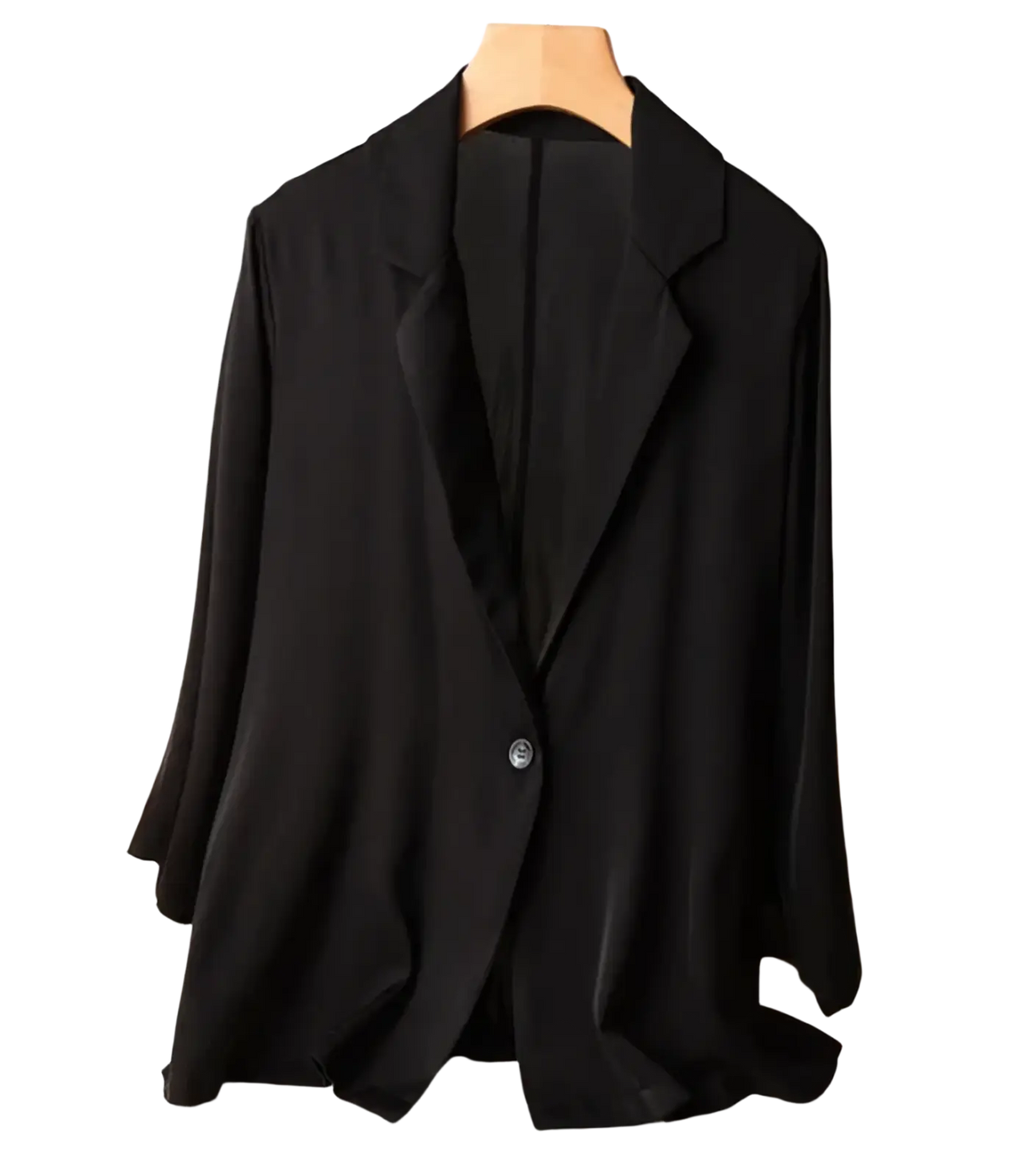 Black satin silk blazer women with single button closure and notched lapels office jacket