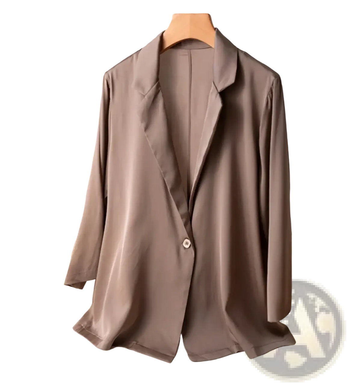 A sleek taupe satin silk blazer women one button office jacket with classic collar and single button closure