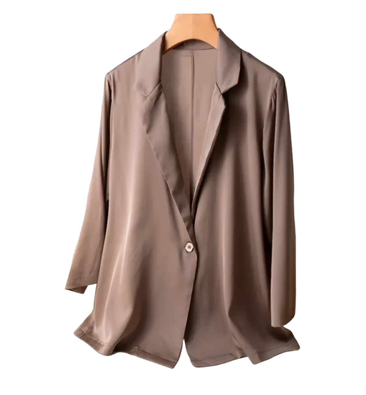A sleek taupe satin silk blazer women one button office jacket with classic collar and single button closure