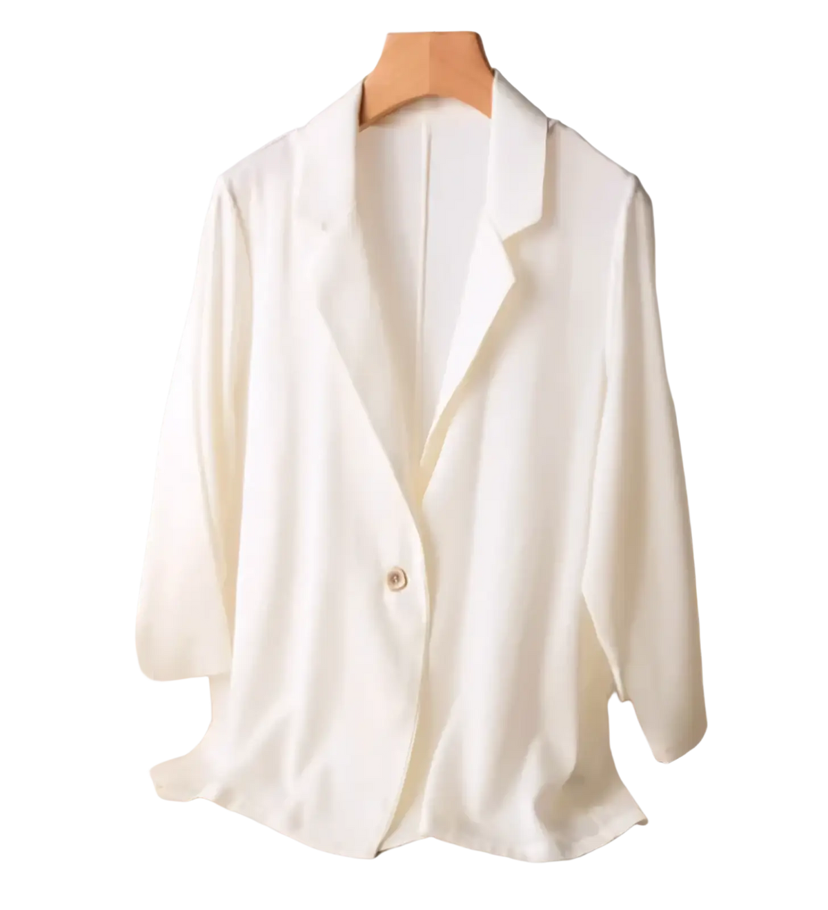 A sleek white silk blazer women one button office jacket with smooth flowing fabric and single button closure