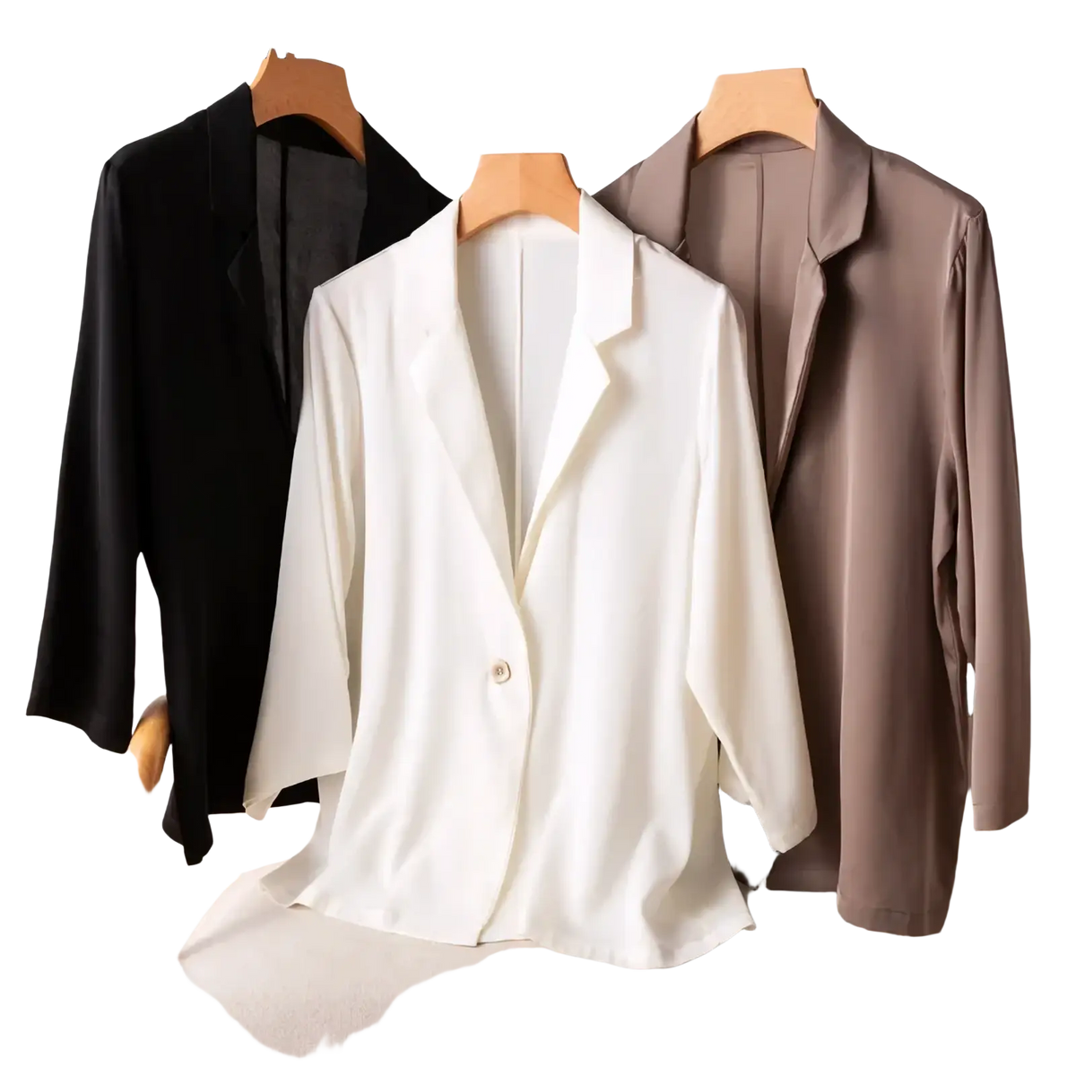 White satin silk blazer for women with a single button closure and three-quarter length sleeves for office wear