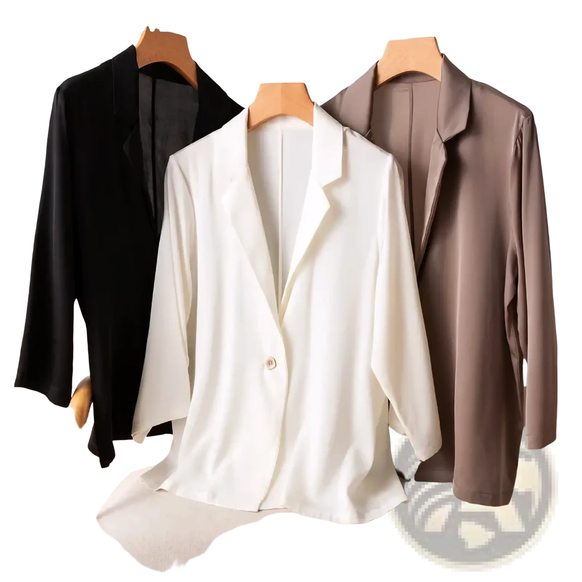White satin silk blazer for women with a single button closure and three-quarter length sleeves for office wear