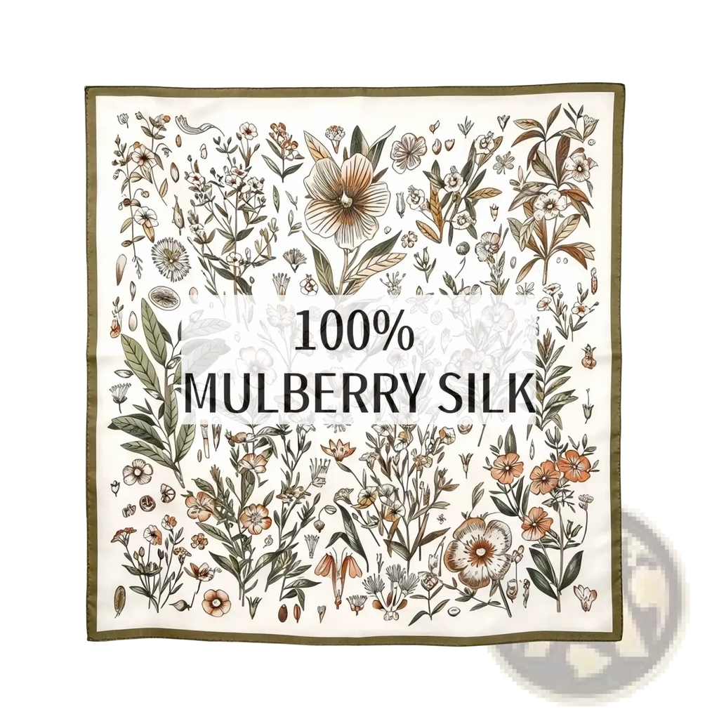 Cream-colored silk floral square scarf with intricate botanical illustration in earthy brown and muted orange tones