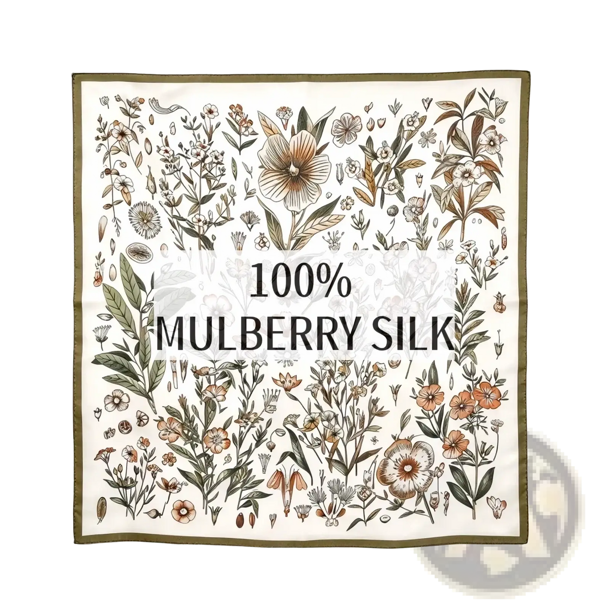Cream-colored silk floral square scarf with intricate botanical illustration in earthy brown and muted orange tones