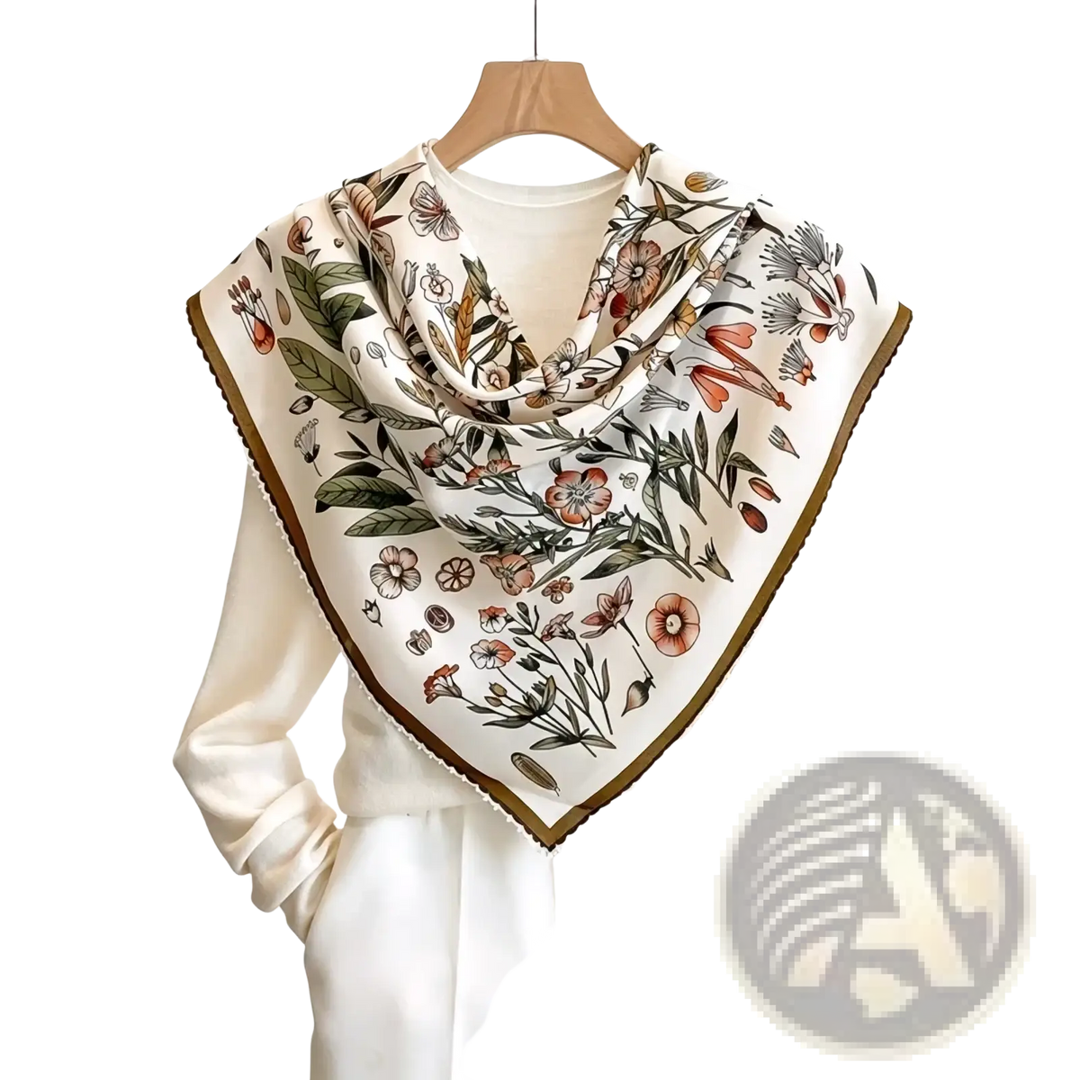 Silk floral square scarf in cream with pink orange green botanical print and subtle brown border trim