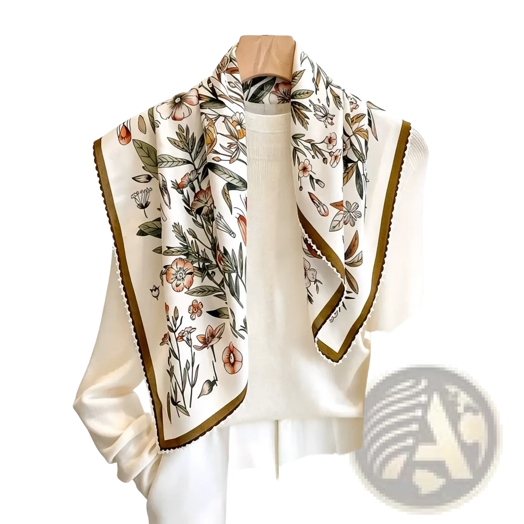 Ivory silk floral square scarf with soft pink and green botanical print and gold brown scalloped edge detail