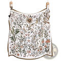 Silk floral square scarf in white with intricate botanical illustration and brown border in soft earthy tones