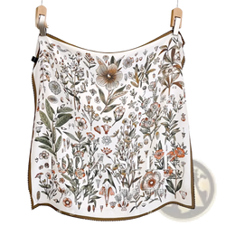 Silk floral square scarf in white with intricate botanical illustration and brown border in soft earthy tones