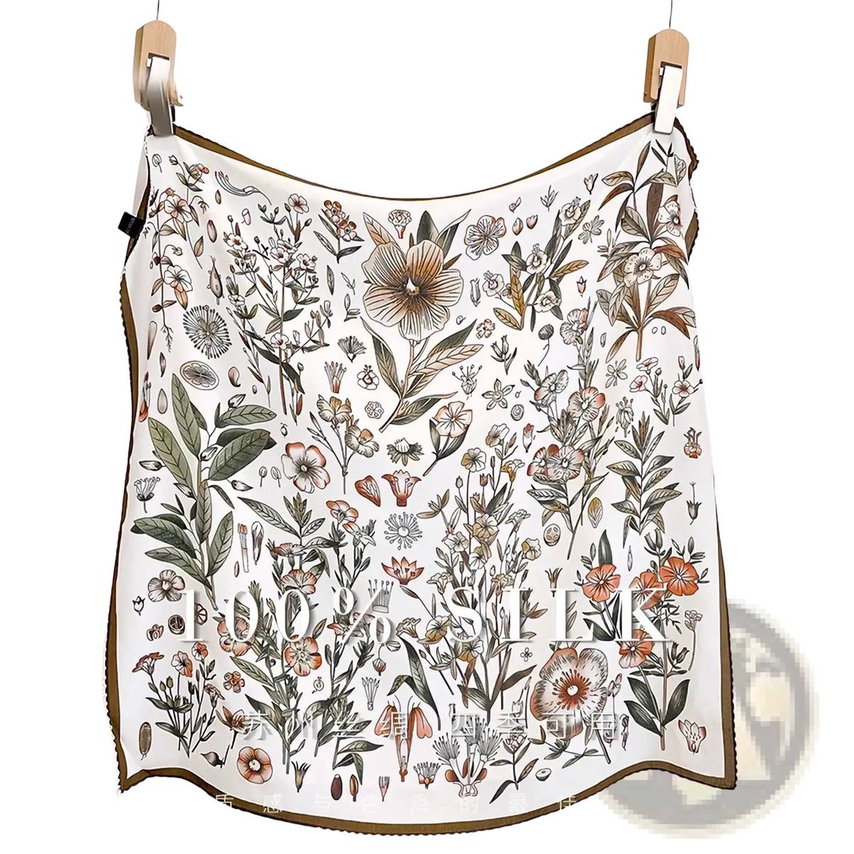 Silk floral square scarf in white with intricate botanical illustration and brown border in soft earthy tones