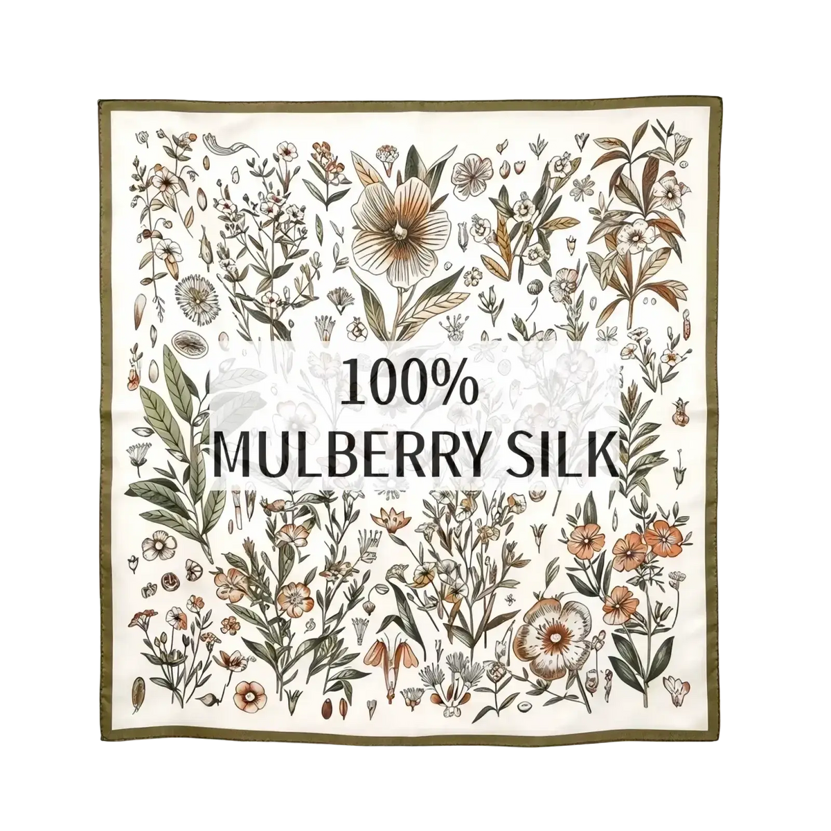 Cream-colored silk floral square scarf made of 100% mulberry silk with botanical illustration and olive green border