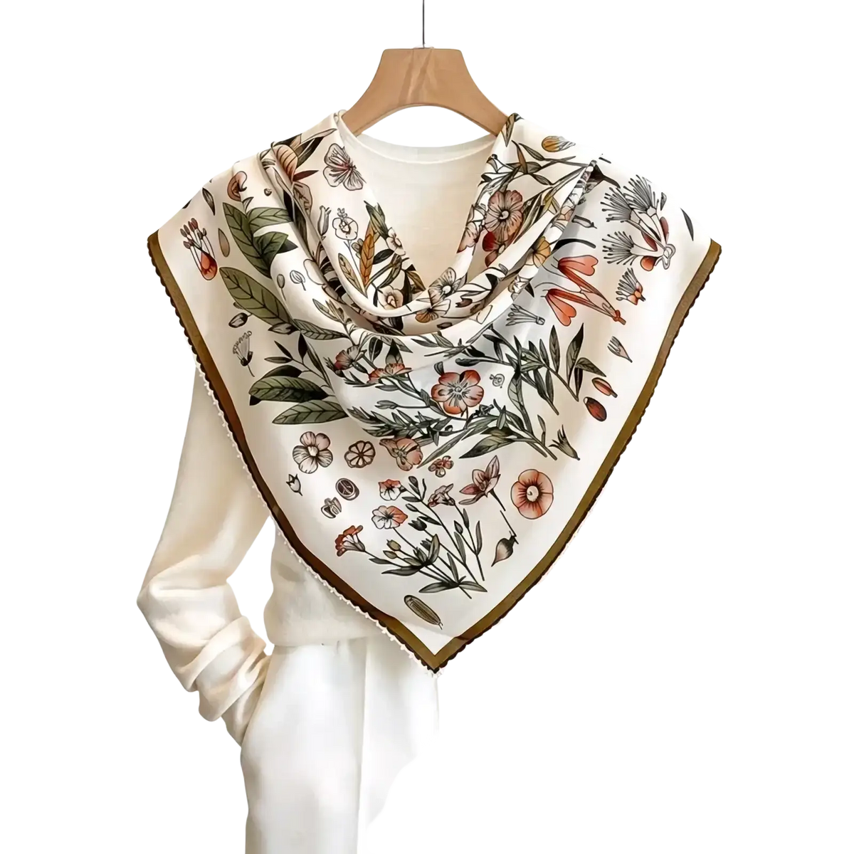 Silk floral square cream-colored scarf with delicate pink orange and green botanical print on ivory background