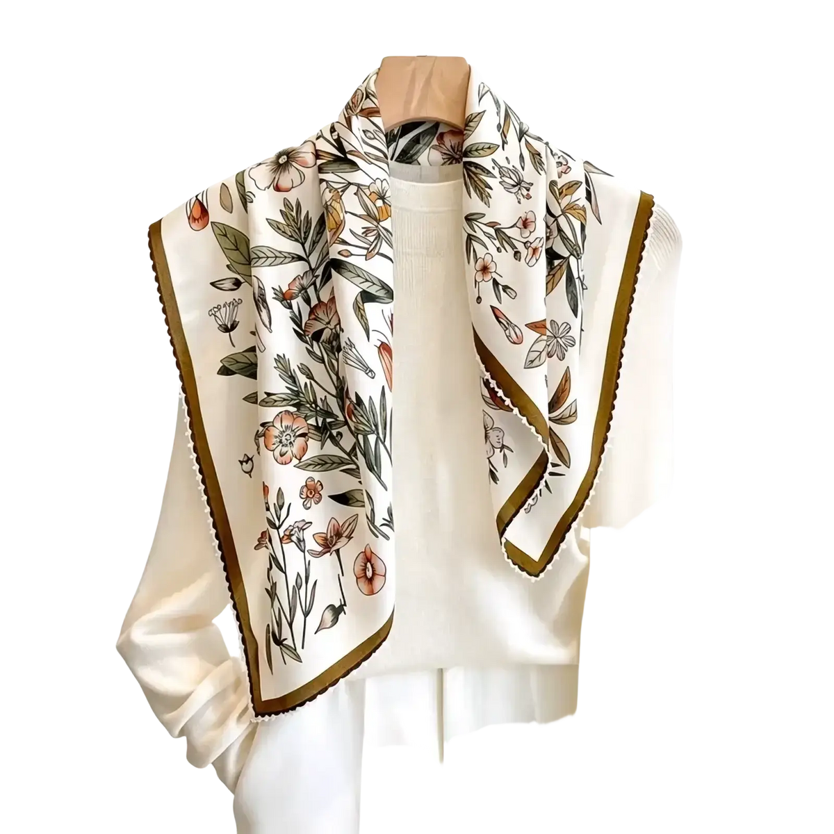 Elegant ivory silk floral square scarf with delicate pink and green botanical print and gold-trimmed edges