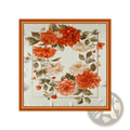 Silk floral square scarf with vibrant orange and cream peonies green leaves and ornate border design