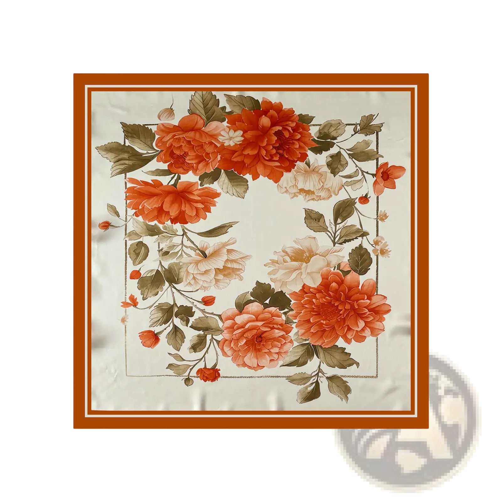 Silk floral square scarf with vibrant orange and cream peonies green leaves and ornate border design
